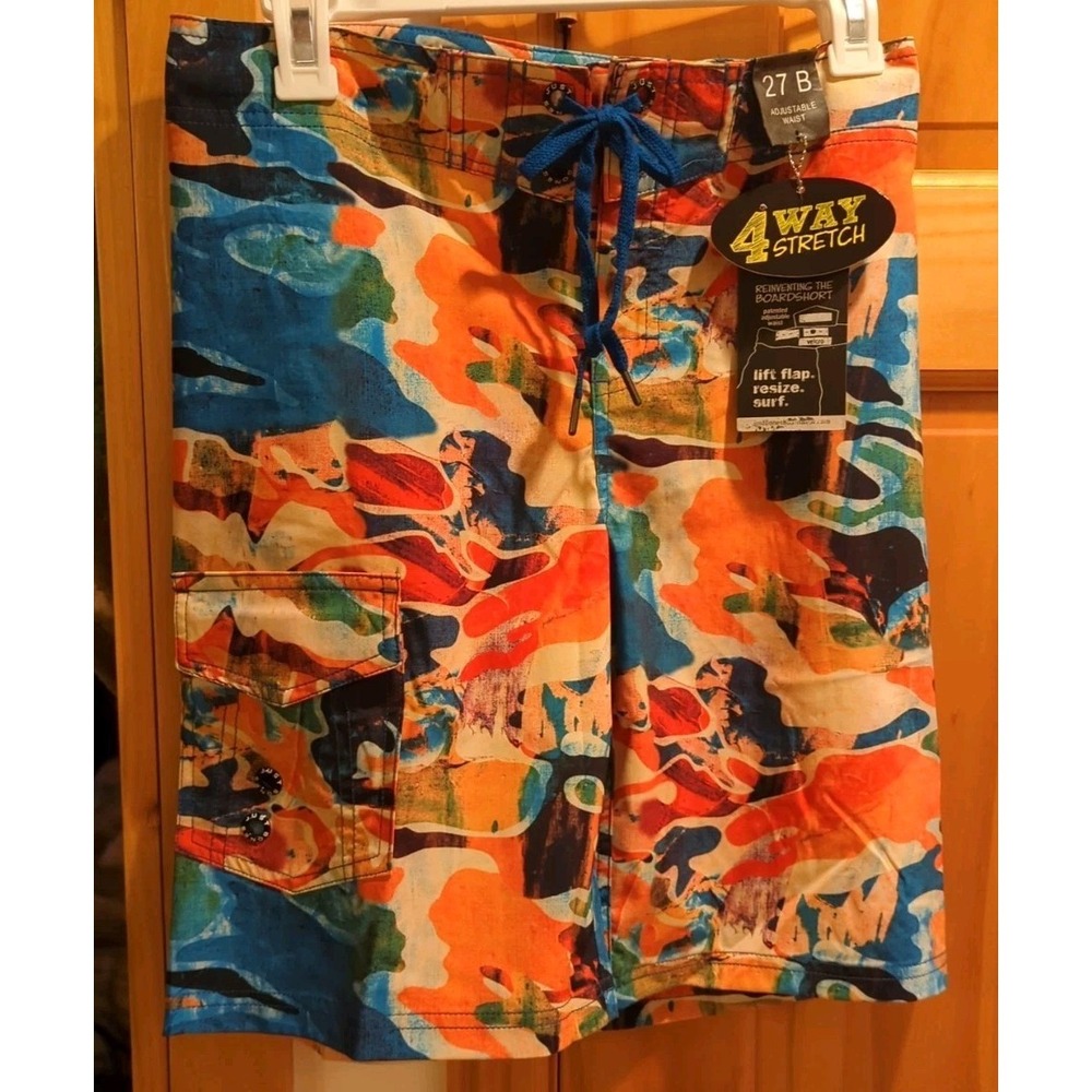 Just Bones Boardwear Mens/Boys Blue/Orange Camo print board shorts Size 27 waist
